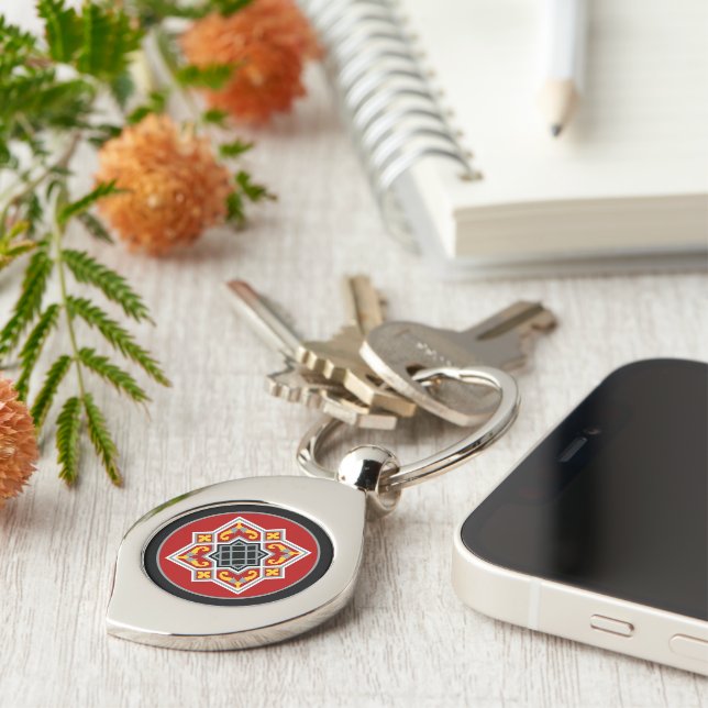 Vintage Red Black Barcelona Tile Geometric Art Keychain (Side)