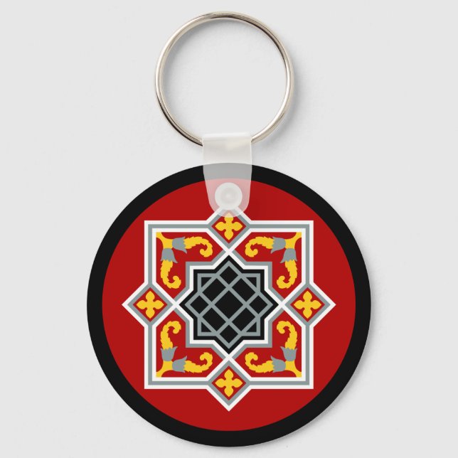 Vintage Red Black Barcelona Tile Geometric Graphic Keychain (Front)