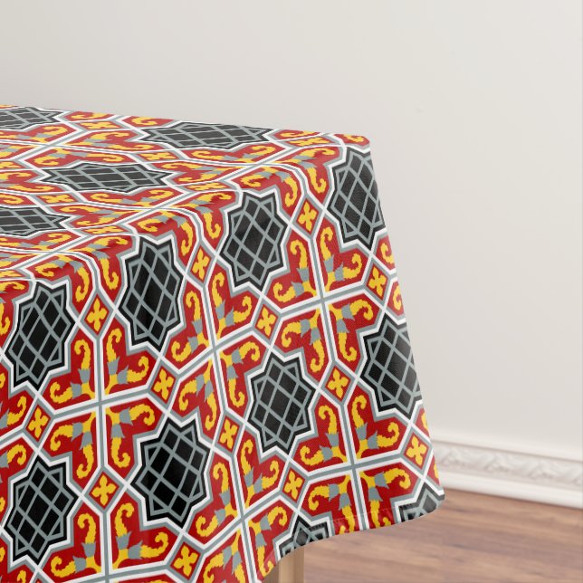Vintage Red Black Barcelona Tile Geometric Graphic Tablecloth (In Situ)