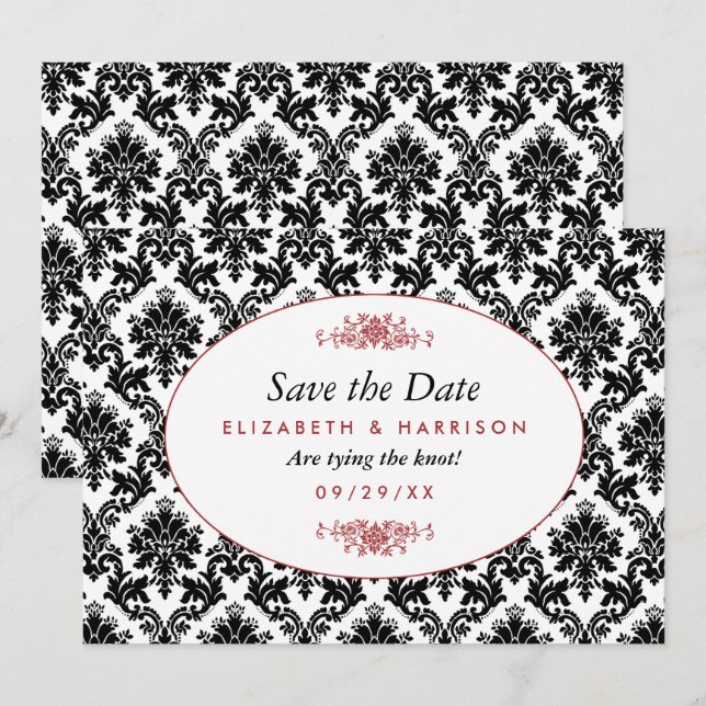 Vintage Red, Black & White Damask Save The Date (Front/Back)