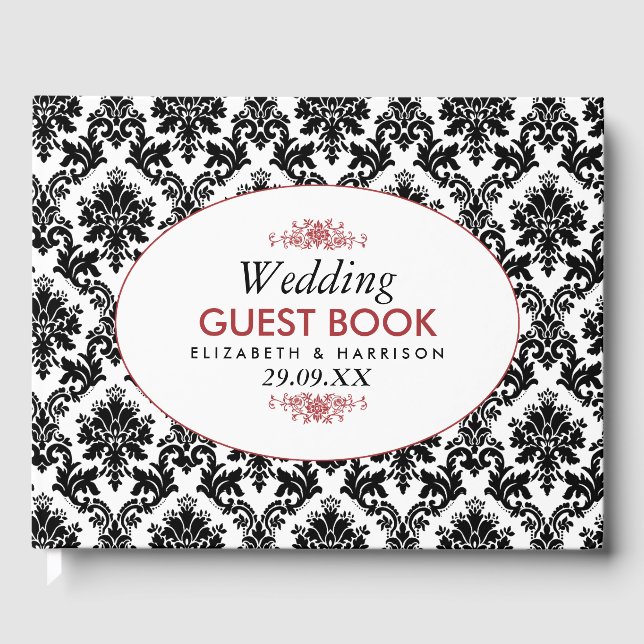 Vintage Red, Black & White Damask Wedding Guest Book (Front)