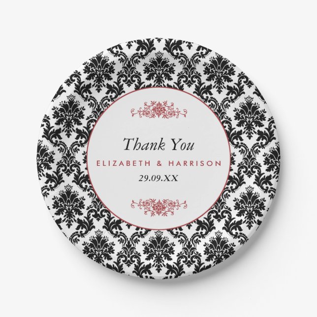 Vintage Red, Black & White Damask Wedding Paper Plate (Front)