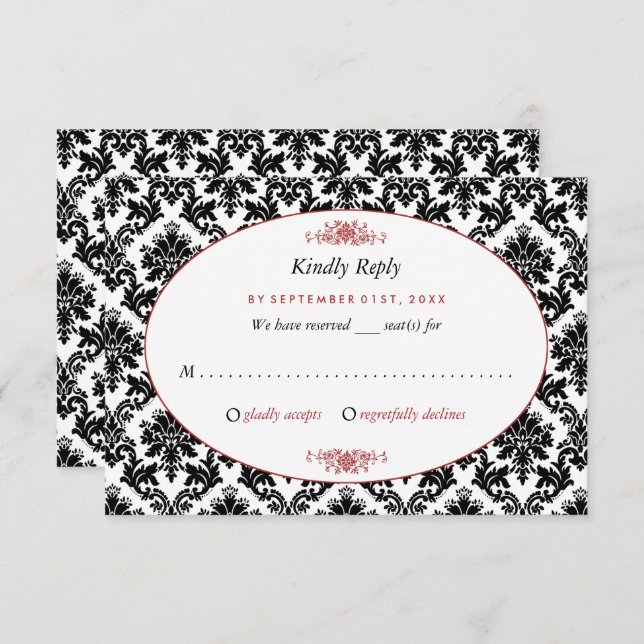 Vintage Red, Black & White Damask Wedding RSVP Card (Front/Back)