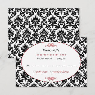 Vintage Red, Black & White Damask Wedding RSVP Card