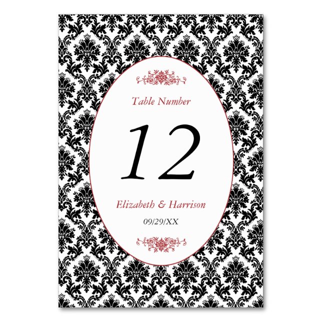 Vintage Red, Black & White Damask Wedding Table Number (Front)