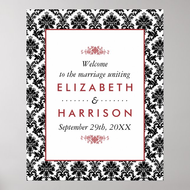 Vintage Red, Black & White Damask Wedding Welcome Poster (Front)