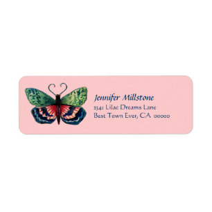 Vintage Red Blu Green Pink Butterfly Address Label