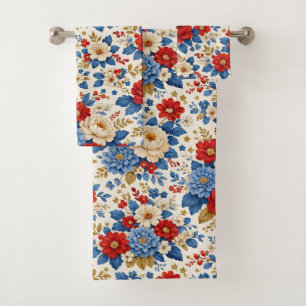 Vintage Red Blue Floral Folk Pattern Bath Towel Set