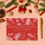Vintage Red Botanical Line Art Merry Christmas Holiday Card<br><div class="desc">A unique and elegant hand made organic Christmas card holiday card. That features a white floral botanical natural and organic Christmas pattern of eucalyptus leaves, stars, and snowflakes. The background is red with a vintage retro script calligraphy MERRY CHRISTMAS in white under it happy new year. Which is original and...</div>