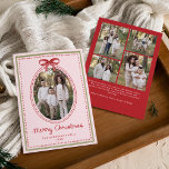 Vintage Red Bow Blush Pink Christmas 5 Photo Holiday Card<br><div class="desc">Share heartfelt holiday greetings with this elegant Christmas card featuring your family photo framed in a watercolor oval design accented by a red bow and dotted border. “Merry Christmas” appears in handwritten red script with your family name and year displayed below. A soft blush pink background bordered in red and...</div>