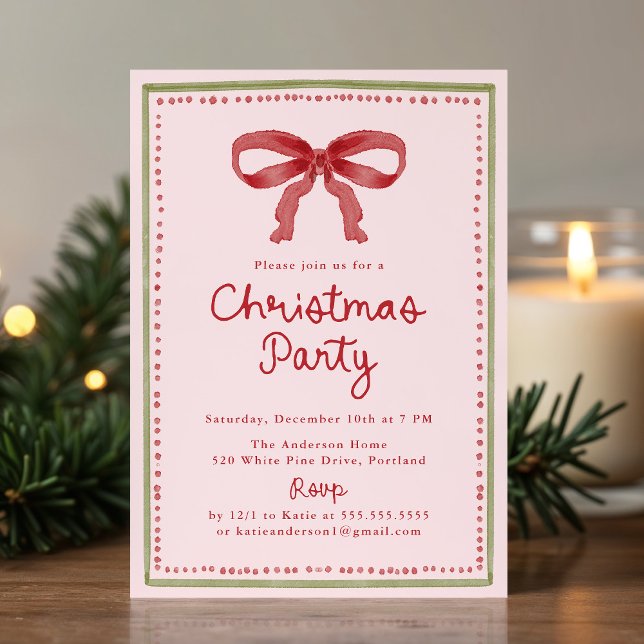 Vintage Red Bow Blush Pink Christmas Party Invitation (Creator Uploaded)