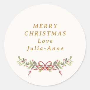 vintage red bow botanical custom holiday classic round sticker