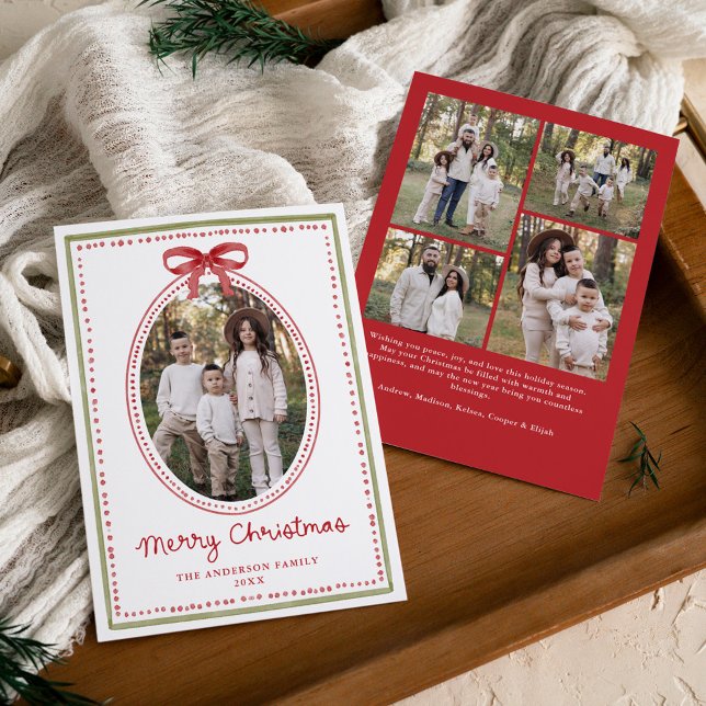 Vintage Red Bow Christmas 5 Photo Holiday Card (Creator Uploaded)