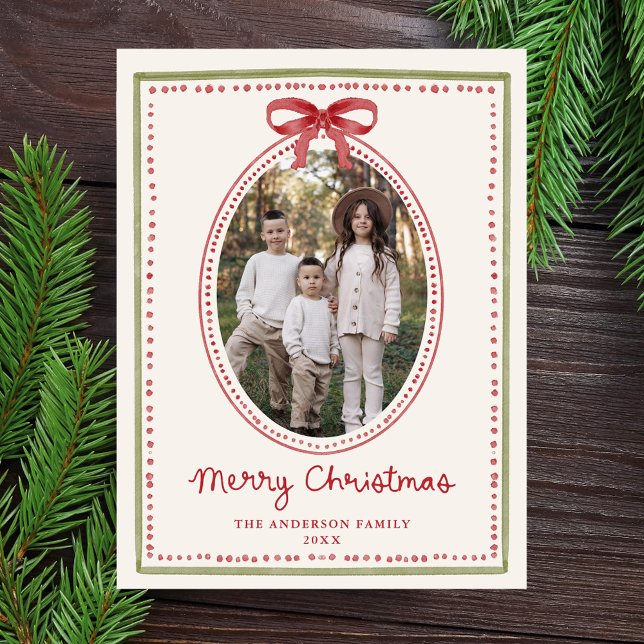 Vintage Red Bow Cream Christmas Photo Holiday Postcard (Creator Uploaded)