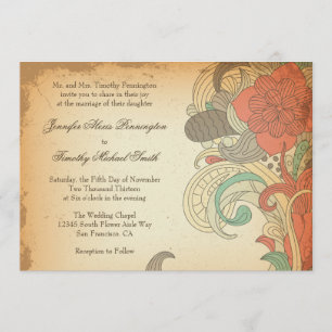 Vintage red brown floral swirls wedding invitation