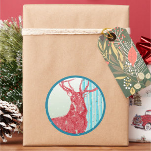 Vintage Red Buck Deer Aqua Birch Tree Snowflake Classic Round Sticker