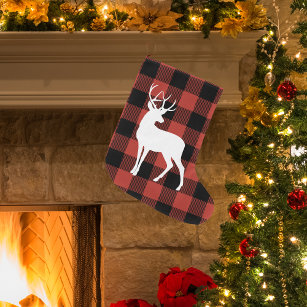 Vintage Red Buffalo Plaid & Deer  Large Christmas Stocking
