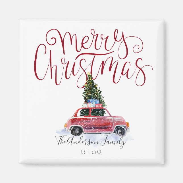 Vintage Red Car Christmas Magnet (Front)