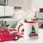 Vintage Red Car Christmas Mug<br><div class="desc">“Baby! It’s cold outside”! So, be sure to warm up with this adorable Vintage Red Car Christmas Collection. It depicts an iconic holiday scene: the family car bound for home with the perfect Christmas tree on top. This design will never go out of style. Add your custom wording to this...</div>