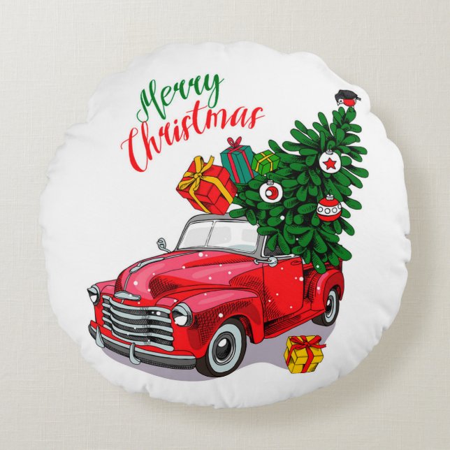 Vintage Red car  Christmas Round Pillow (Front)