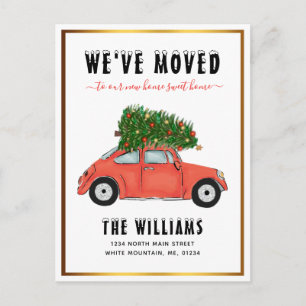 Vintage Red Car Christmas Tree Red Script Moving Announcement Postcard