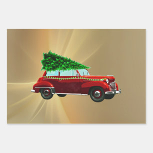 Vintage Red Car Christmas Watercolor Wrapping Paper Sheet