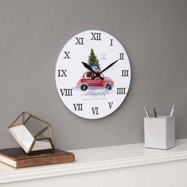 Vintage Red Car Farmhouse | Family Name Large Clock (Office)
