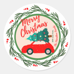 Vintage Red Car Merry Christmas Personalised Name  Classic Round Sticker