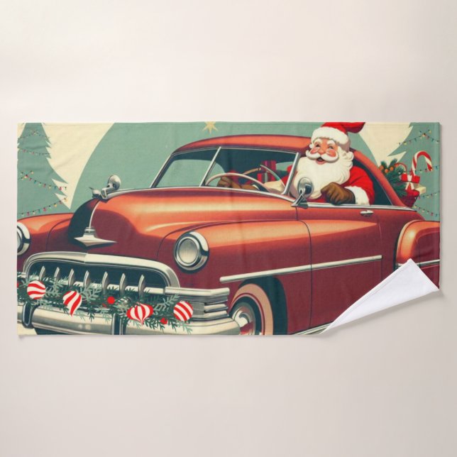 Vintage red car & Santa Bath Towel (Bath Towel)
