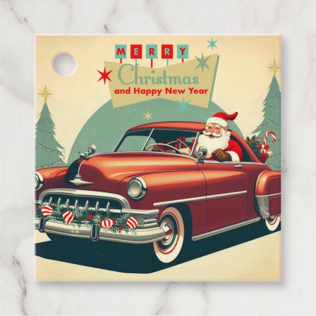 Vintage red car & Santa Favour Tags (Front)
