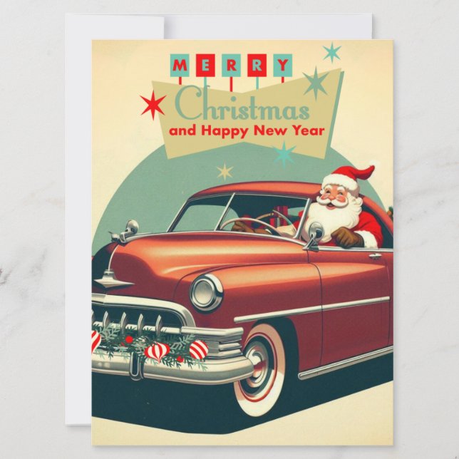 Vintage red car & Santa Holiday Card (Front)