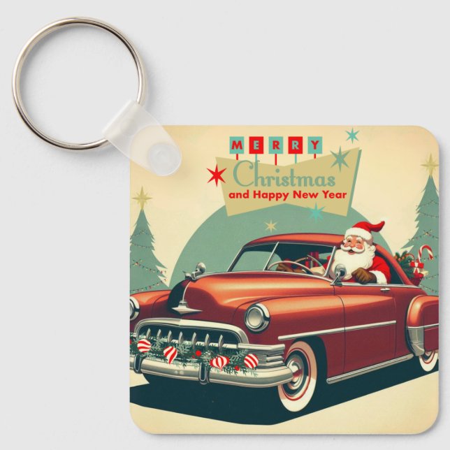 Vintage red car & Santa Keychain (Front)