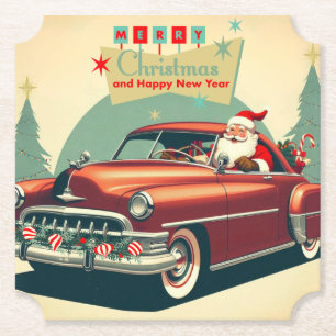 Vintage red car & Santa Paper Coaster