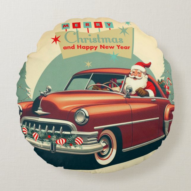 Vintage red car & Santa Round Pillow (Front)