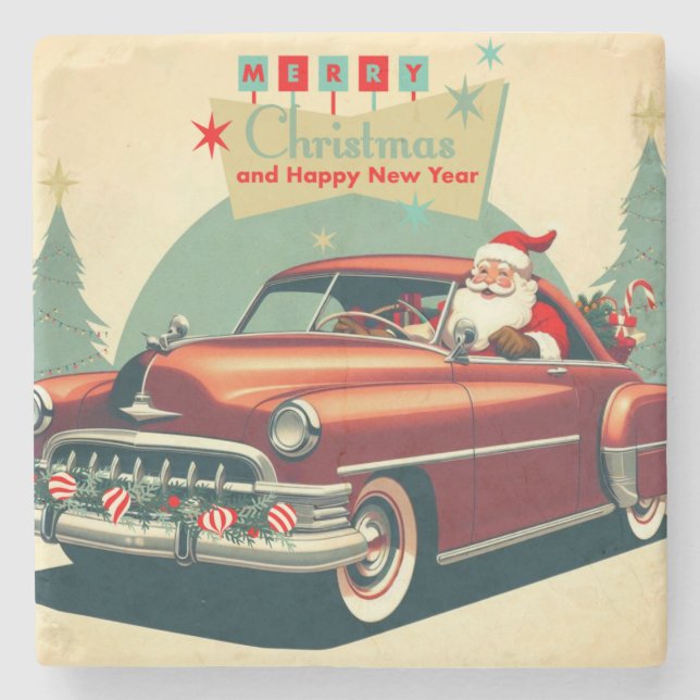 Vintage red car & Santa Stone Coaster (Front)