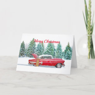 Vintage Red Car Snow Sled Christmas Holiday Card