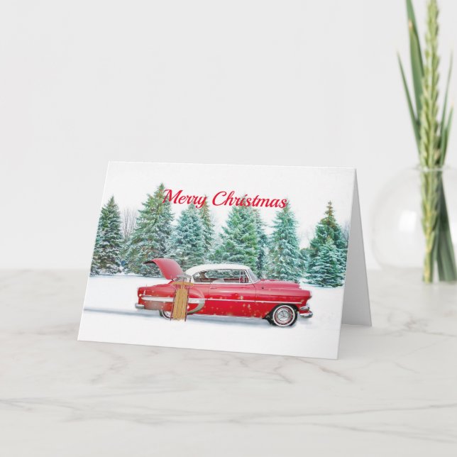 Vintage Red Car Snow Sled Christmas Holiday Card (Front)