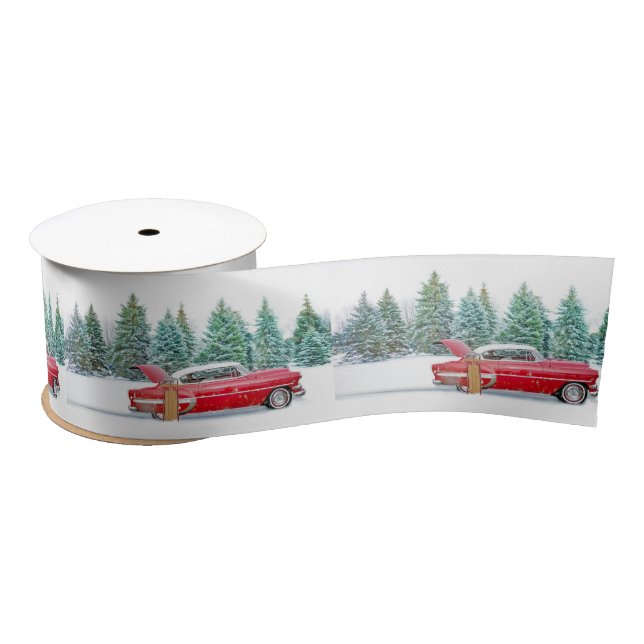 Vintage Red Car Snow Sled Satin Ribbon (Spool)