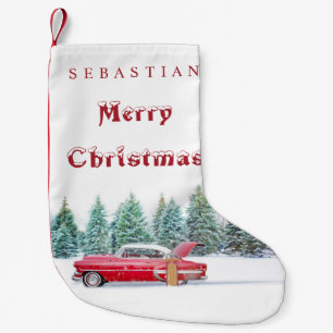 VINTAGE RED CAR Snowy Trees Custom Christmas Small Christmas Stocking