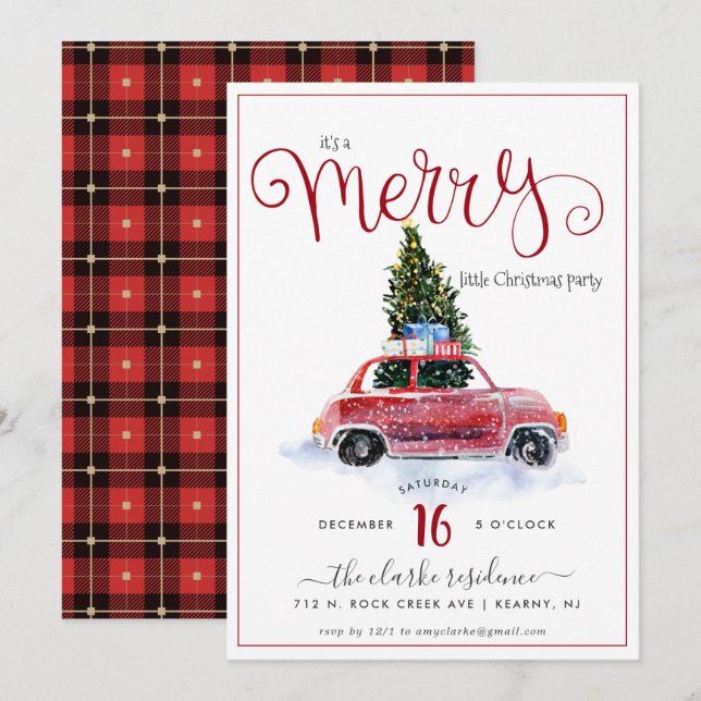 Vintage Red Car w/ Christmas Tree Invitation (Front/Back)