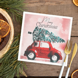 Vintage Red Car with a Christmas Tree Tied to Roof Napkin