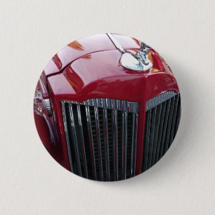 vintage red car with chrome hood ornament 2 inch round button