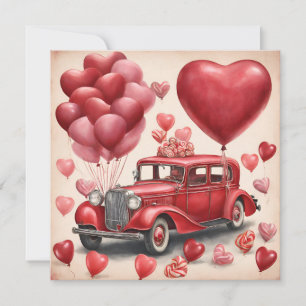 Vintage Red Car with Valentine's Day Balloons  Holiday Card