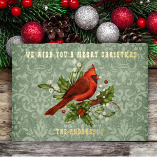 Vintage Red Cardinal Merry Christmas Gold Foil Holiday Card