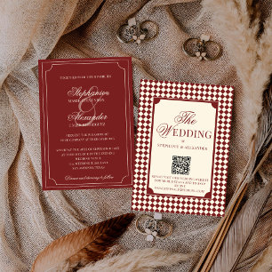Vintage Red Chequered Old Money QR Code Wedding Invitation