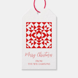 Vintage Red Christmas Geometric Quilt Personalized Gift Tags