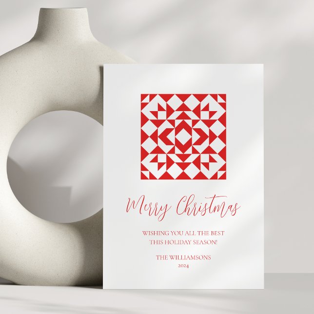 Vintage Red Christmas Geometric Quilt Personalized Holiday Card (Creator Uploaded)