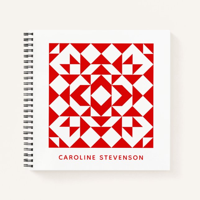 Vintage Red Christmas Geometric Quilt Personalized Notebook (Front)