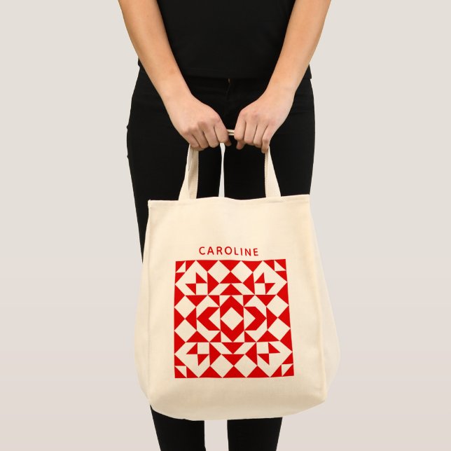 Vintage Red Christmas Geometric Quilt Personalized Tote Bag (Front (Product))