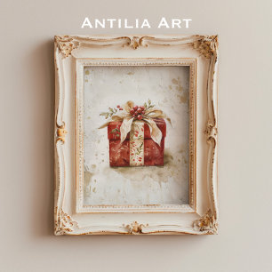 Vintage Red Christmas Gift Box Painting Xmas Poster